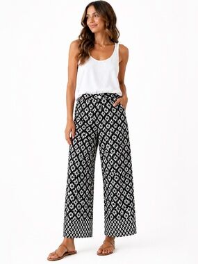 Rachel Zoe Linen Wide Leg Baggy Pants Black White Floral Boho Resort Coastal S
